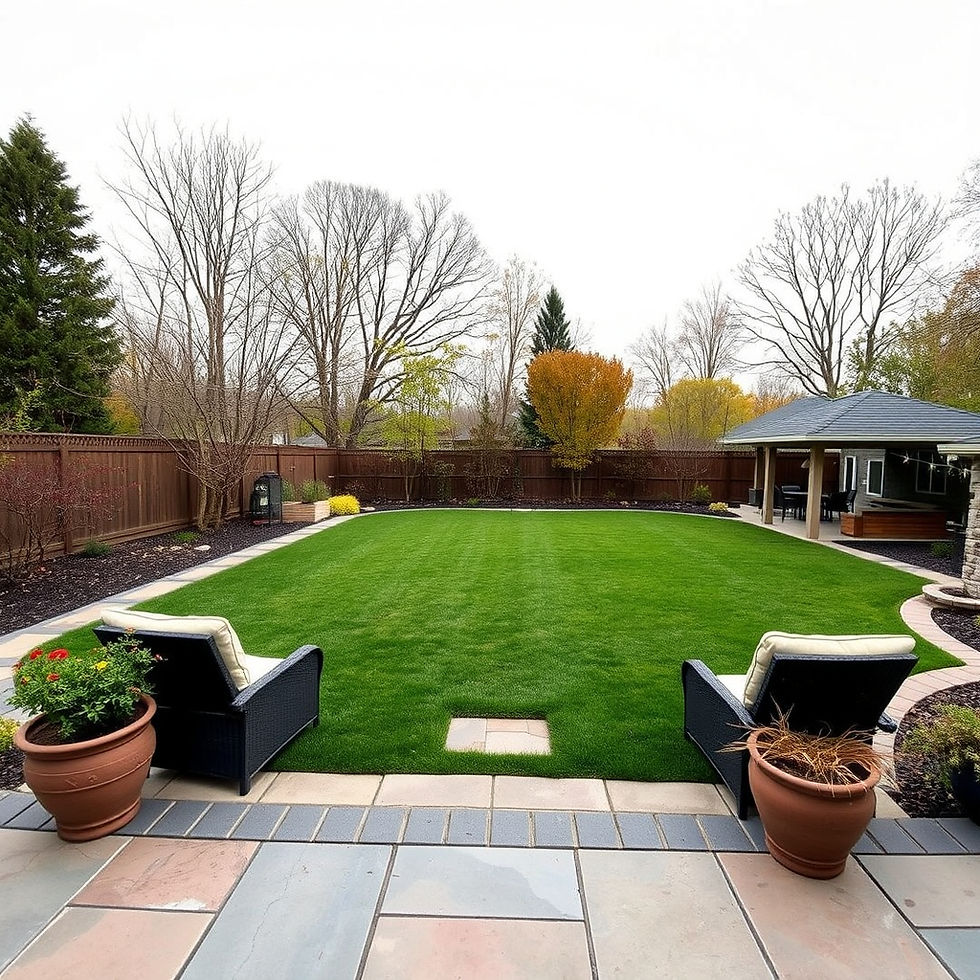 Neat backyard with bright green lawn, two patio chairs, potted plants, wooden fence, and a covered seating area under bare trees